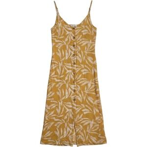 Rip Curl Mustard Yellow Tropical Leaf Button Front Midi Dress Womens Size Medium